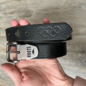 Roots Black Leather Belt Official Olympic Rings Logo Buckle Vintage Canadian 36